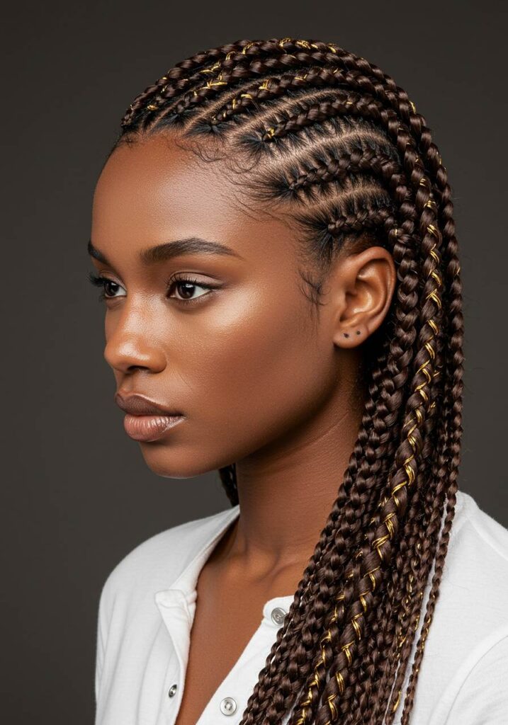 Rich Chocolate Braids with Gold String Accents