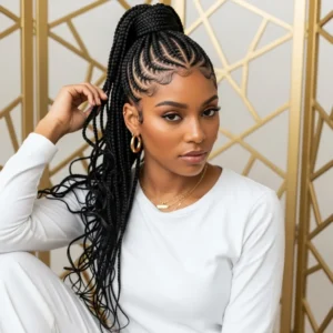 High ponytail with long box braids featuring detailed cornrow patterns