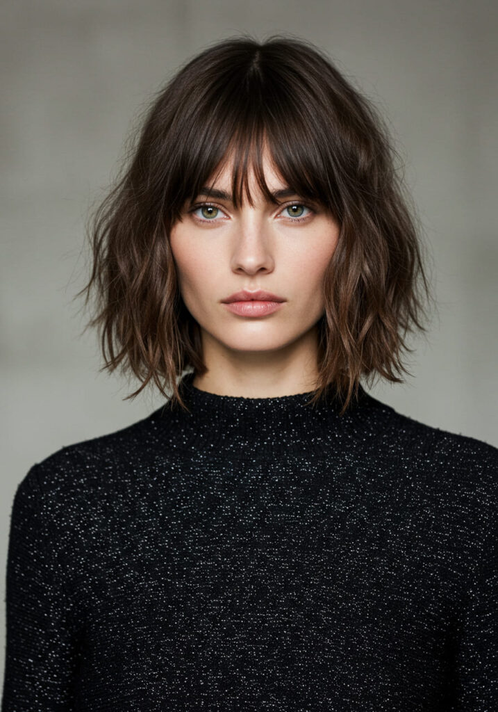 Curtain Bangs Paired with a Wavy Lob