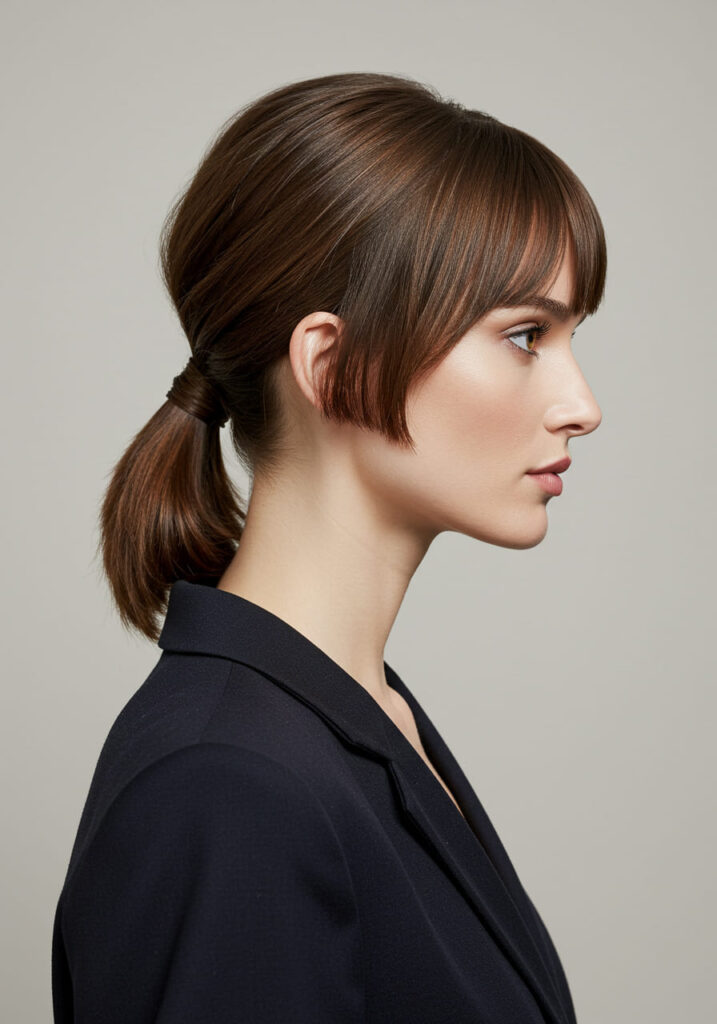 Graceful Low Ponytail with Side-Swept Fringe