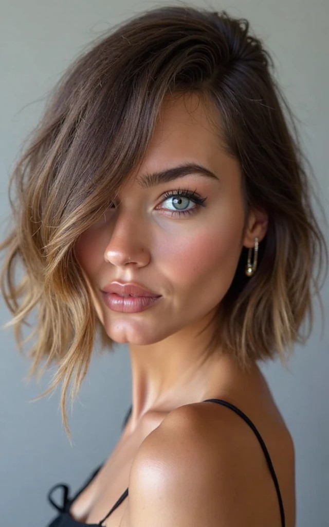 Angled Lob with Side-Swept Bangs