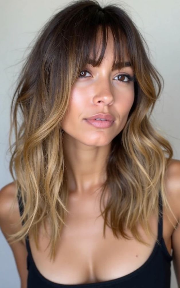 Bronde Balayage with Side-Swept Bangs