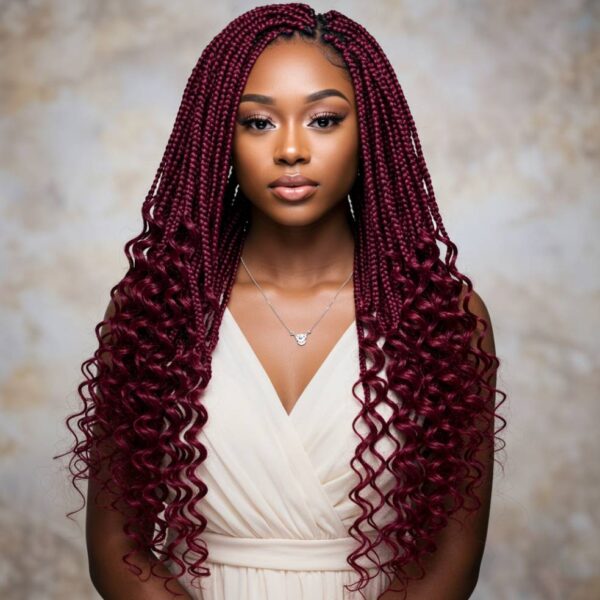 99J burgundy fulani braids with curly ends