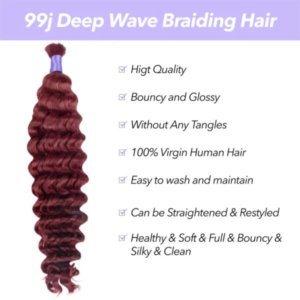 99J Burgundy Bulk Human Braiding Hair Deep Wave - Image 5