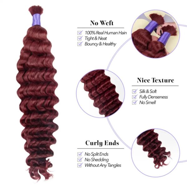 99J Burgundy Bulk Human Braiding Hair Deep Wave - Image 6