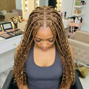 Light Brown Boho Box Braids with Loose Curly Ends Light Brown Boho Box Braids with Loose Curly Ends