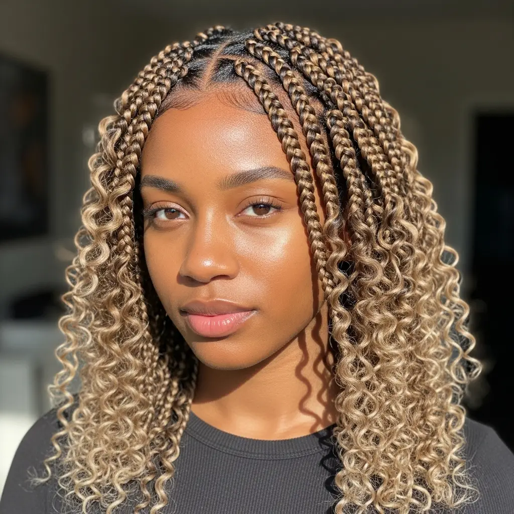 Medium Knotless Braids With Color-Blended Curls