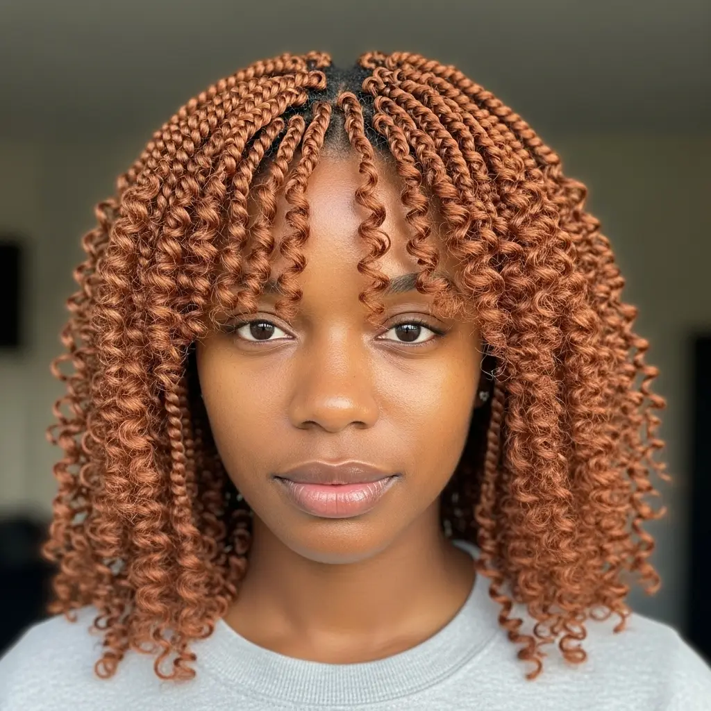 Medium Knotless Braids With Curly Bangs